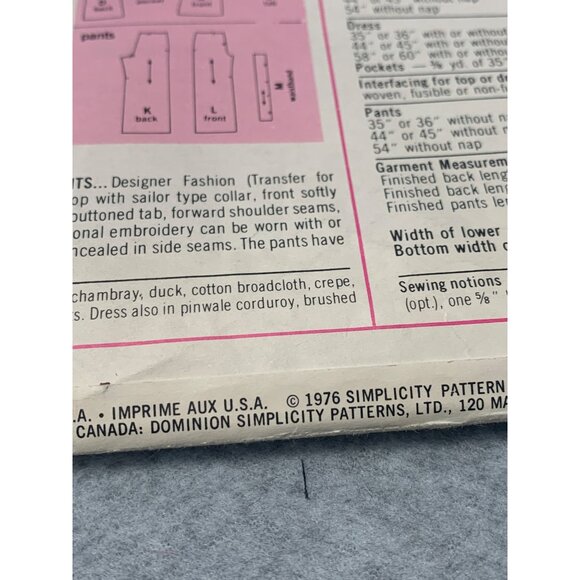Simplicity 7430 Sewing Pattern Misses Tunic Dress Pant Size 14 1976 Vintage Uncu - Picture 4 of 4